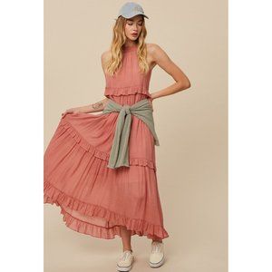 Listicle Halter Ruffle Pocket Maxi Long Dress